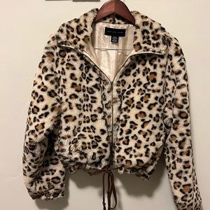 Know.One.Cares lined faux fur leopard zipper jacket lined with drawstring bottom